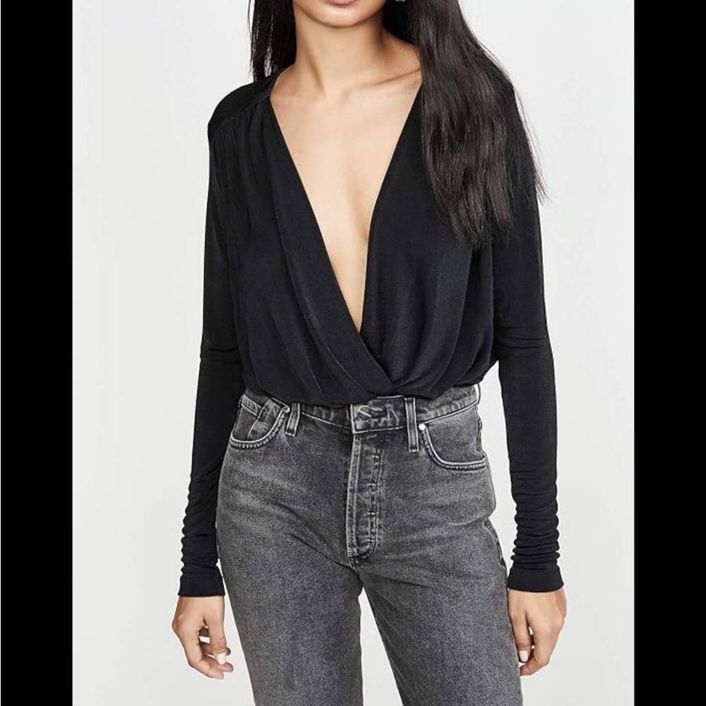 Free People Turnt Black Wrap Deep V Long-Sleeve Bodysuit